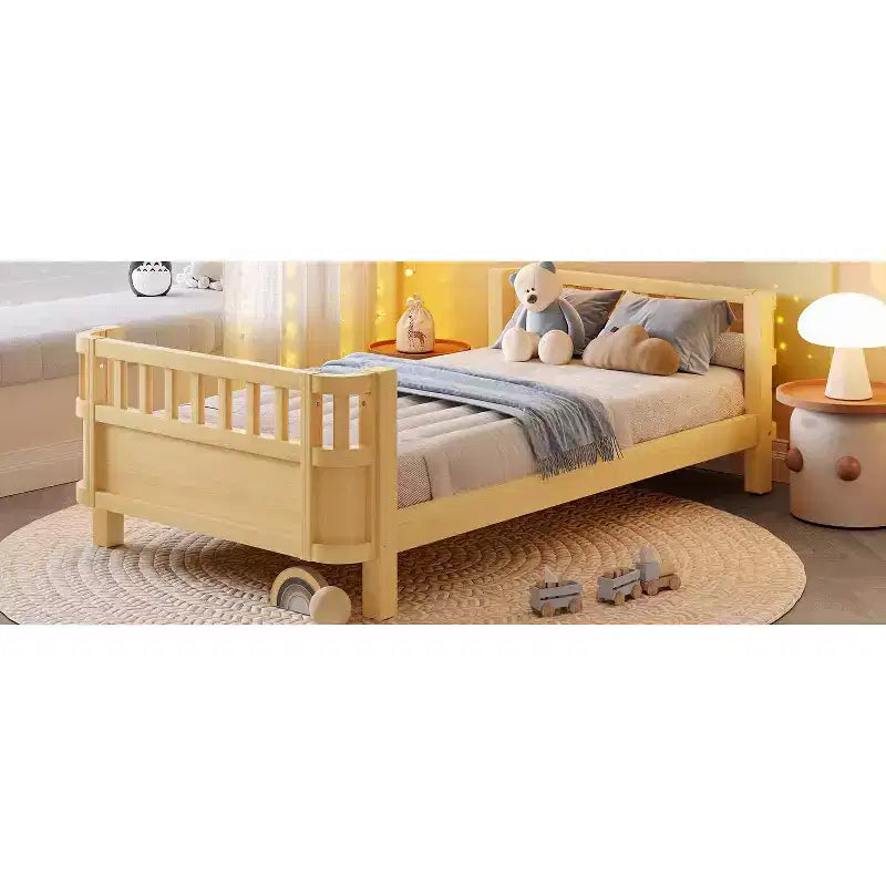 Lit plateforme Bellemave pour enfants avec barrières de sécurité et clôture amovible, lit en bois à profil bas pour garçons et filles
