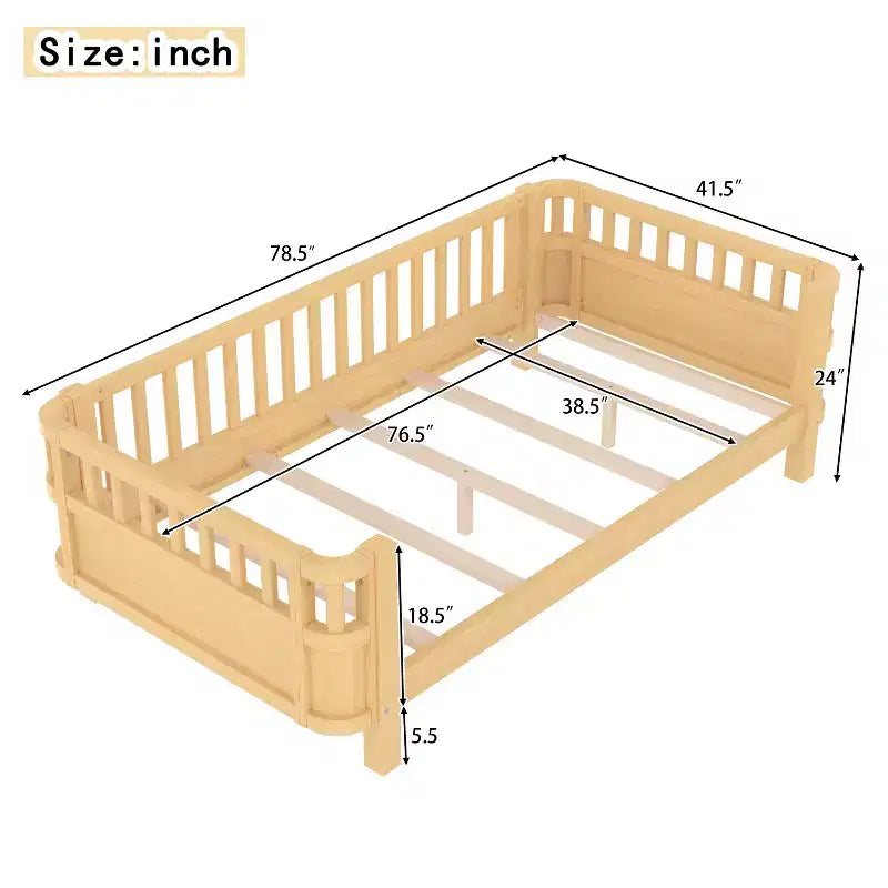 Lit plateforme Bellemave pour enfants avec barrières de sécurité et clôture amovible, lit en bois à profil bas pour garçons et filles