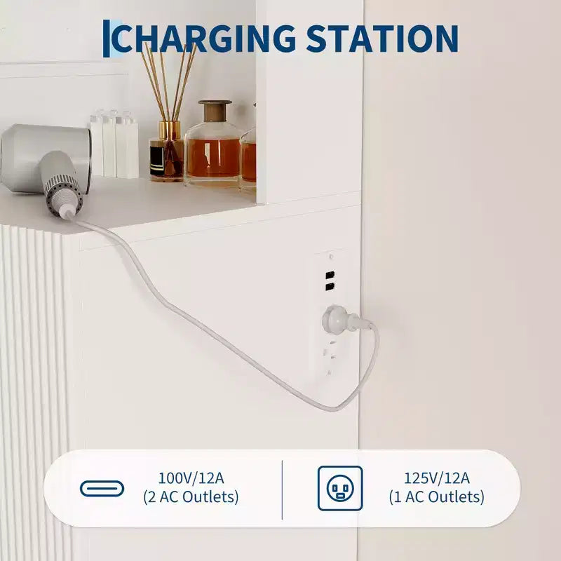 COZONY Coiffeuse cannelée avec miroir éclairé, station de charge, tiroirs et armoires de rangement