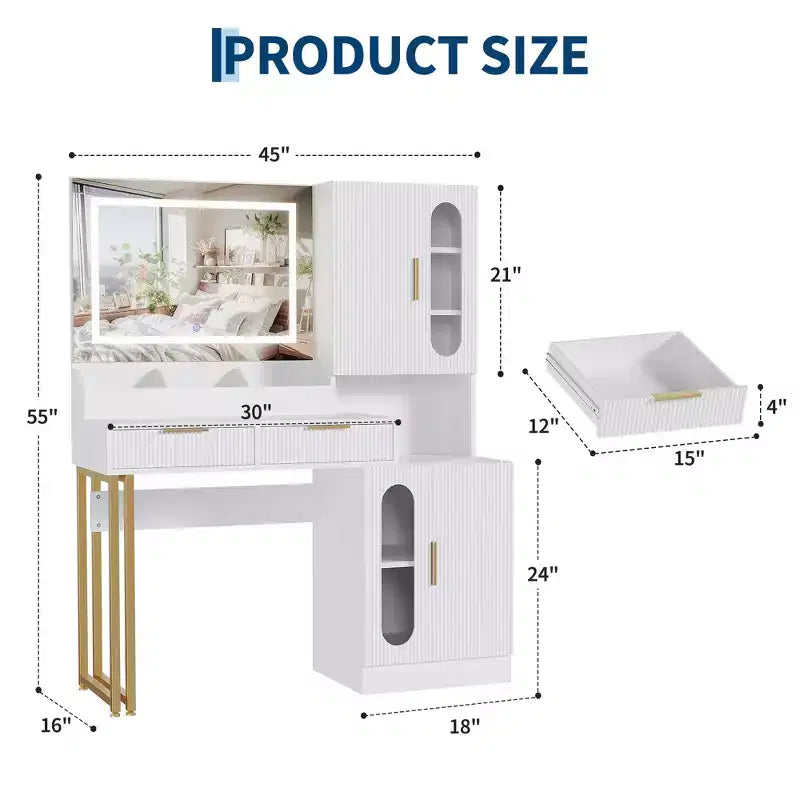 COZONY Coiffeuse cannelée avec miroir éclairé, station de charge, tiroirs et armoires de rangement