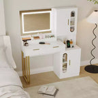 COZONY Coiffeuse cannelée avec miroir éclairé, station de charge, tiroirs et armoires de rangement