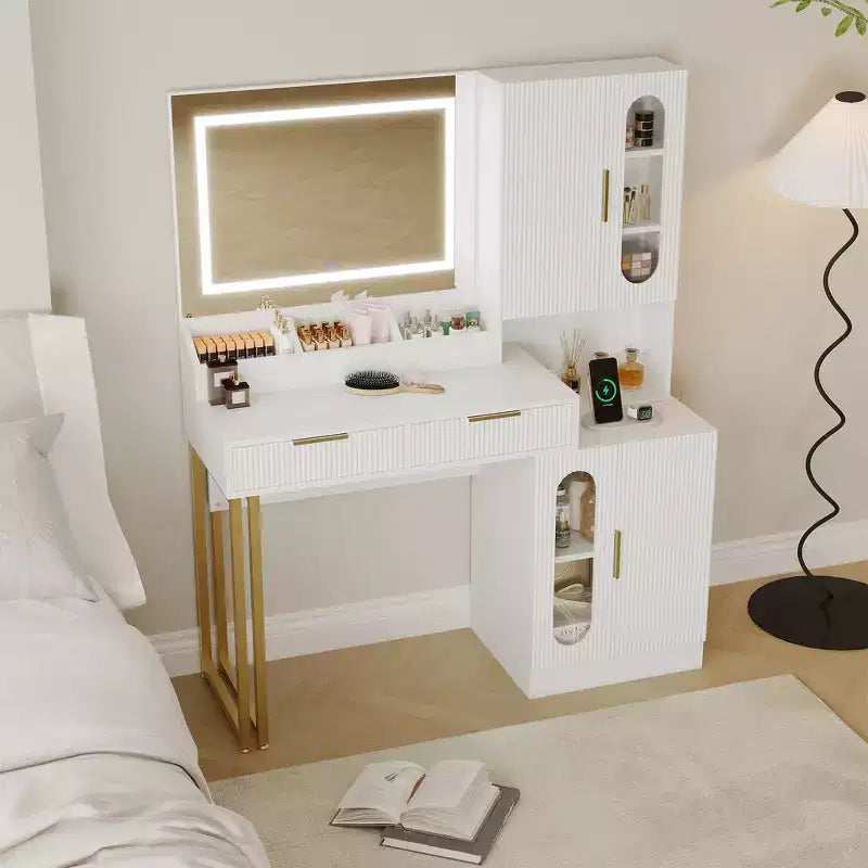 COZONY Coiffeuse cannelée avec miroir éclairé, station de charge, tiroirs et armoires de rangement