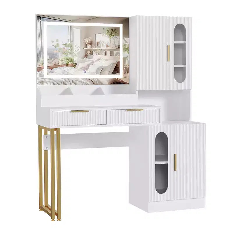 COZONY Coiffeuse cannelée avec miroir éclairé, station de charge, tiroirs et armoires de rangement