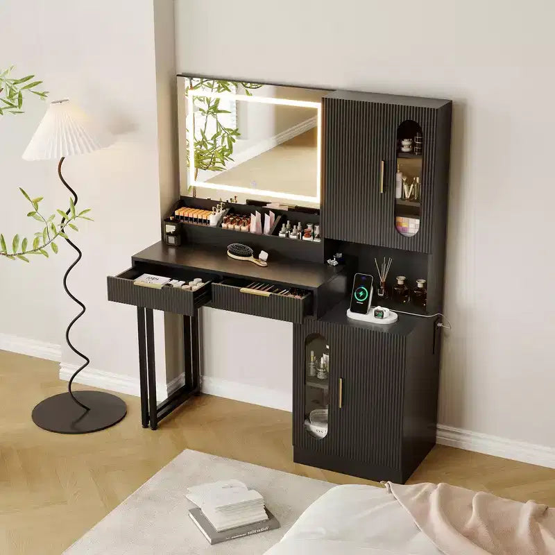 COZONY Coiffeuse cannelée avec miroir éclairé, station de charge, tiroirs et armoires de rangement