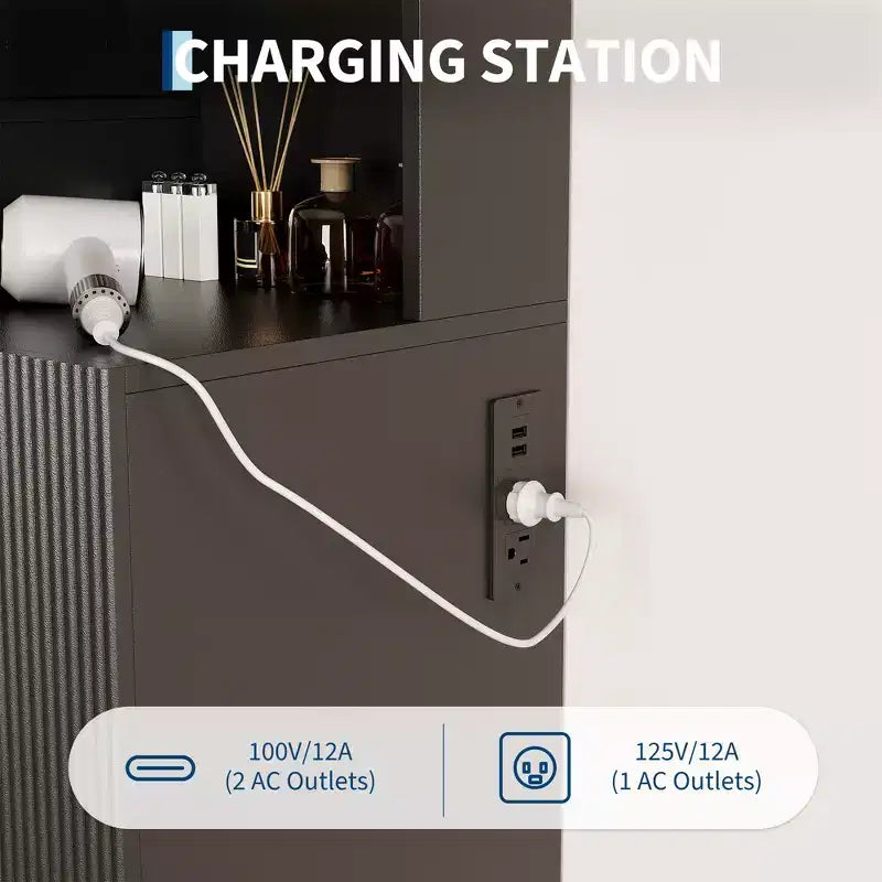 COZONY Coiffeuse cannelée avec miroir éclairé, station de charge, tiroirs et armoires de rangement