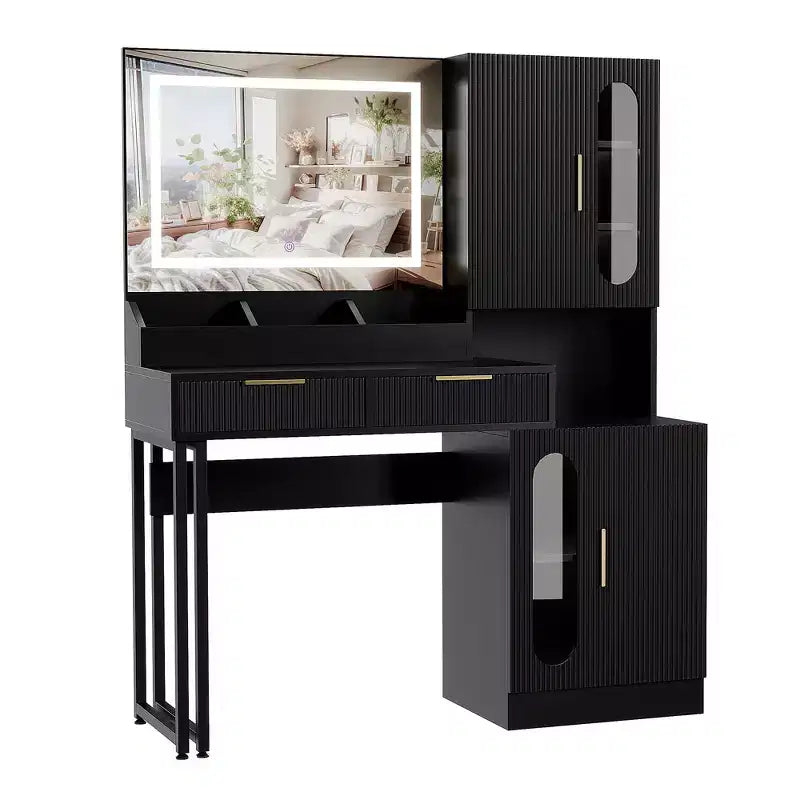 COZONY Coiffeuse cannelée avec miroir éclairé, station de charge, tiroirs et armoires de rangement