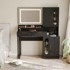 COZONY Coiffeuse cannelée avec miroir éclairé, station de charge, tiroirs et armoires de rangement