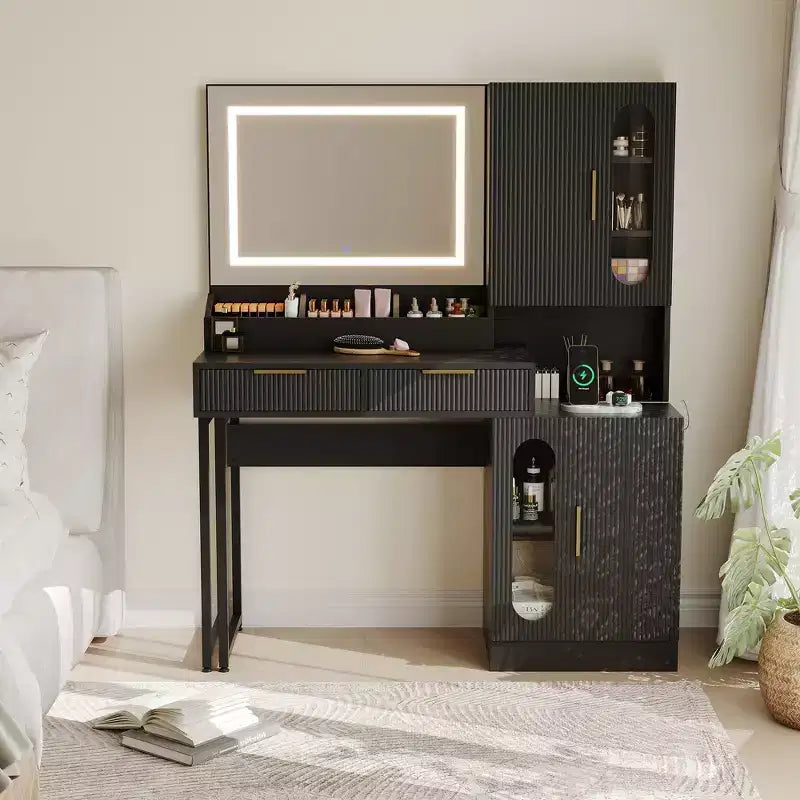 COZONY Coiffeuse cannelée avec miroir éclairé, station de charge, tiroirs et armoires de rangement