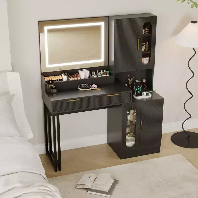COZONY Coiffeuse cannelée avec miroir éclairé, station de charge, tiroirs et armoires de rangement