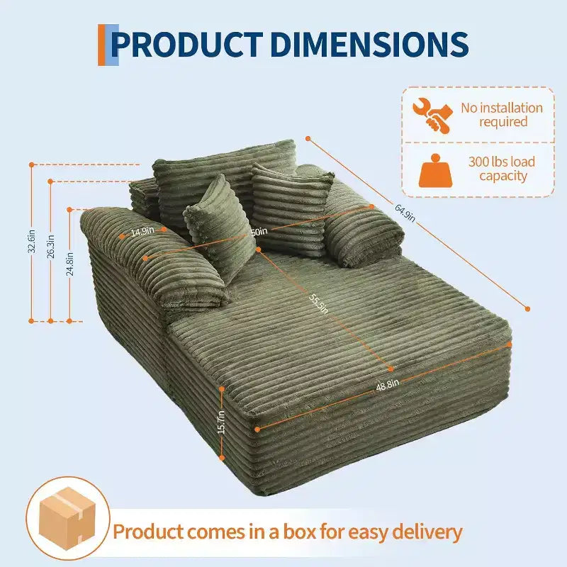 48.8'' Corduroy Chaise Lounge Chair Indoor, Boneless Sofa Bed, Oversized Sleeper Sofa, Cloud Couch Reading Chair for Living Room, No Assembly