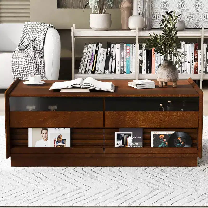 JVNOXK 47.2-inch Modern Wooden Rectangular Coffee Table with 4 Drawers and 2 Display Shelves, Tempered Glass Top, Suitable for Living Room, Brown