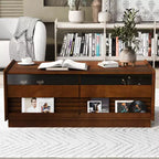 JVNOXK 47.2-inch Modern Wooden Rectangular Coffee Table with 4 Drawers and 2 Display Shelves, Tempered Glass Top, Suitable for Living Room, Brown