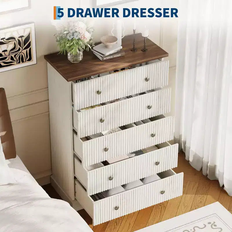 Fluted 5-Drawer Tall Dresser, Modern Vertical Storage Chest for Bedroom, Slim Wood Dresser with Metal Handles for Small Spaces & Apartments