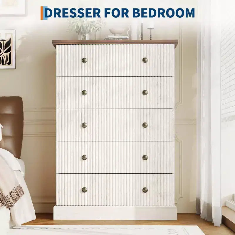 Fluted 5-Drawer Tall Dresser, Modern Vertical Storage Chest for Bedroom, Slim Wood Dresser with Metal Handles for Small Spaces & Apartments