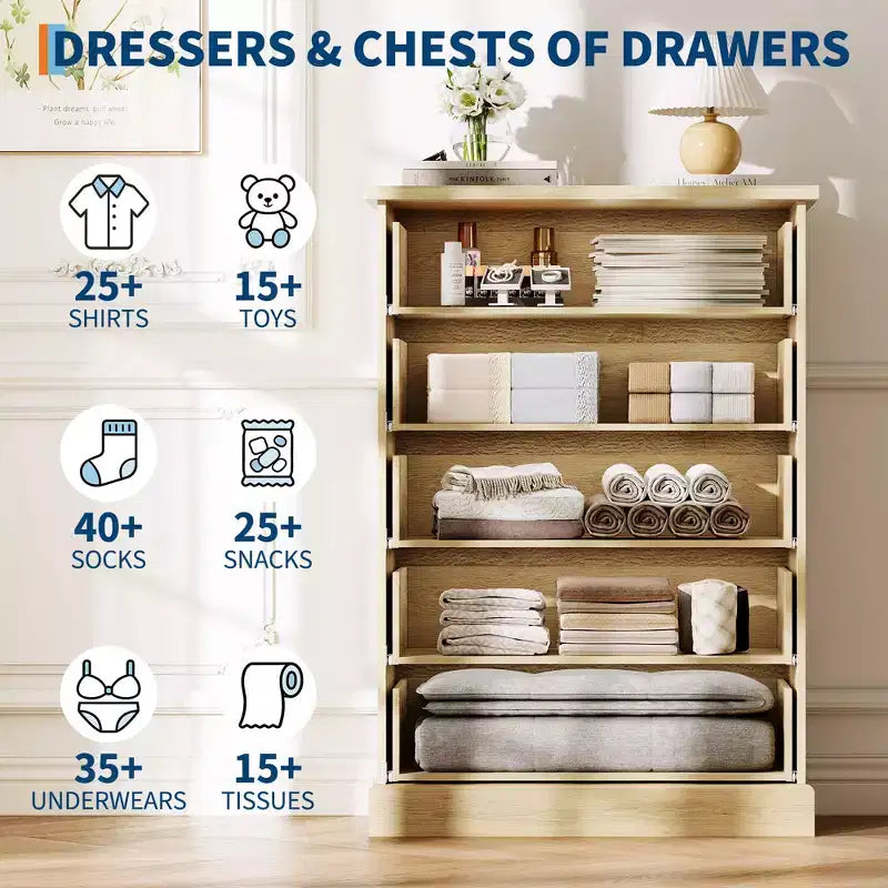 Fluted 5-Drawer Tall Dresser, Modern Vertical Storage Chest for Bedroom, Slim Wood Dresser with Metal Handles for Small Spaces & Apartments