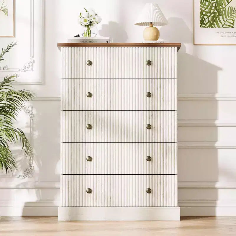 Fluted 5-Drawer Tall Dresser, Modern Vertical Storage Chest for Bedroom, Slim Wood Dresser with Metal Handles for Small Spaces & Apartments