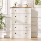 Fluted 5-Drawer Tall Dresser, Modern Vertical Storage Chest for Bedroom, Slim Wood Dresser with Metal Handles for Small Spaces & Apartments