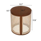 JVNOXK 15.70-inch round accent table, openwork weave Small rubberwood nightstand Rattan coffee table, wood tabletop Dark brown