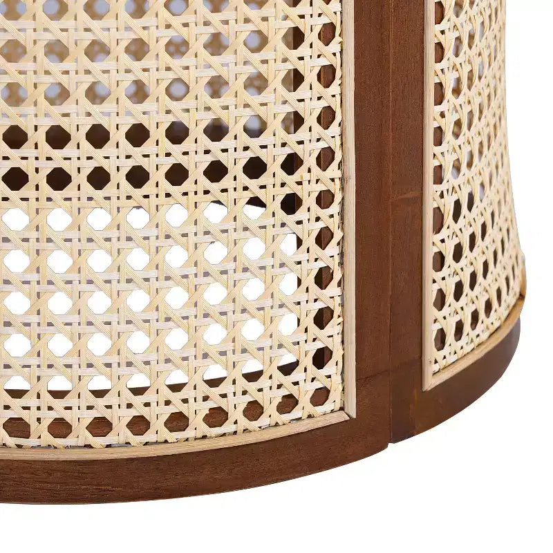 JVNOXK 15.70-inch round accent table, openwork weave Small rubberwood nightstand Rattan coffee table, wood tabletop Dark brown