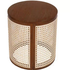 JVNOXK 15.70-inch round accent table, openwork weave Small rubberwood nightstand Rattan coffee table, wood tabletop Dark brown