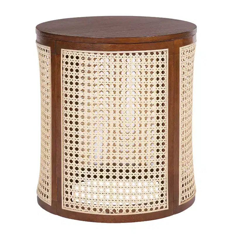 JVNOXK 15.70-inch round accent table, openwork weave Small rubberwood nightstand Rattan coffee table, wood tabletop Dark brown