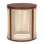 JVNOXK 15.70-inch round accent table, openwork weave Small rubberwood nightstand Rattan coffee table, wood tabletop Dark brown