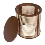 JVNOXK 15.70-inch round accent table, openwork weave Small rubberwood nightstand Rattan coffee table, wood tabletop Dark brown
