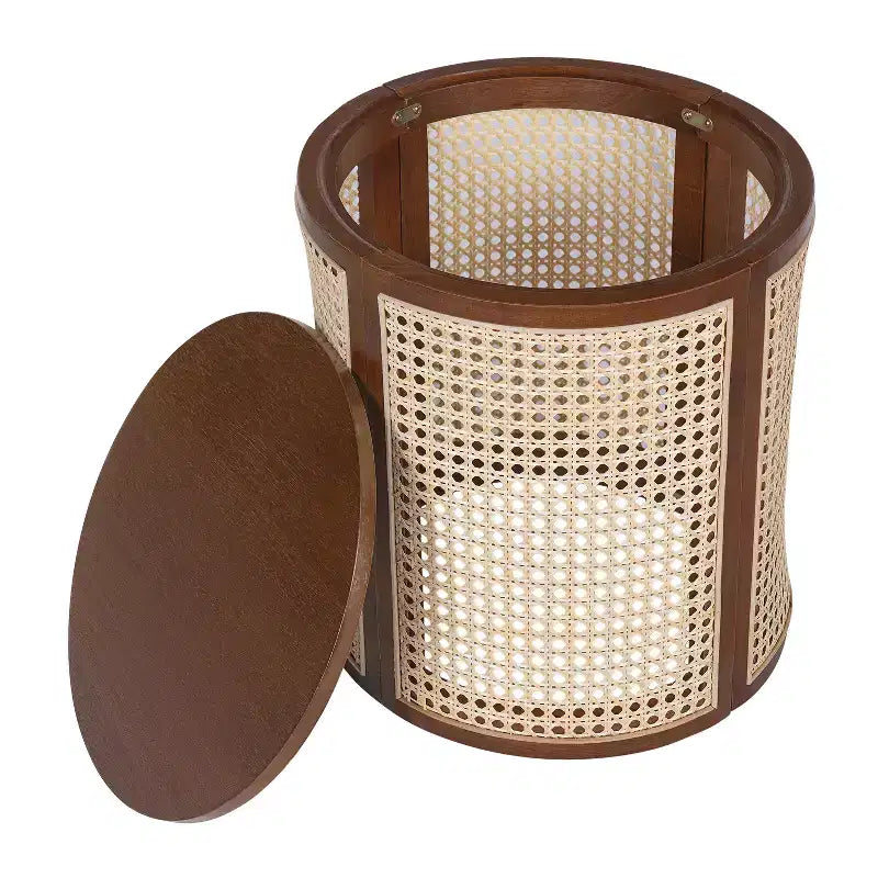 JVNOXK 15.70-inch round accent table, openwork weave Small rubberwood nightstand Rattan coffee table, wood tabletop Dark brown