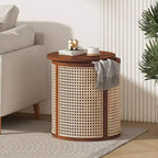 JVNOXK 15.70-inch round accent table, openwork weave Small rubberwood nightstand Rattan coffee table, wood tabletop Dark brown