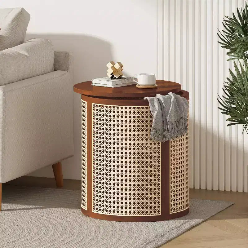 JVNOXK 15.70-inch round accent table, openwork weave Small rubberwood nightstand Rattan coffee table, wood tabletop Dark brown