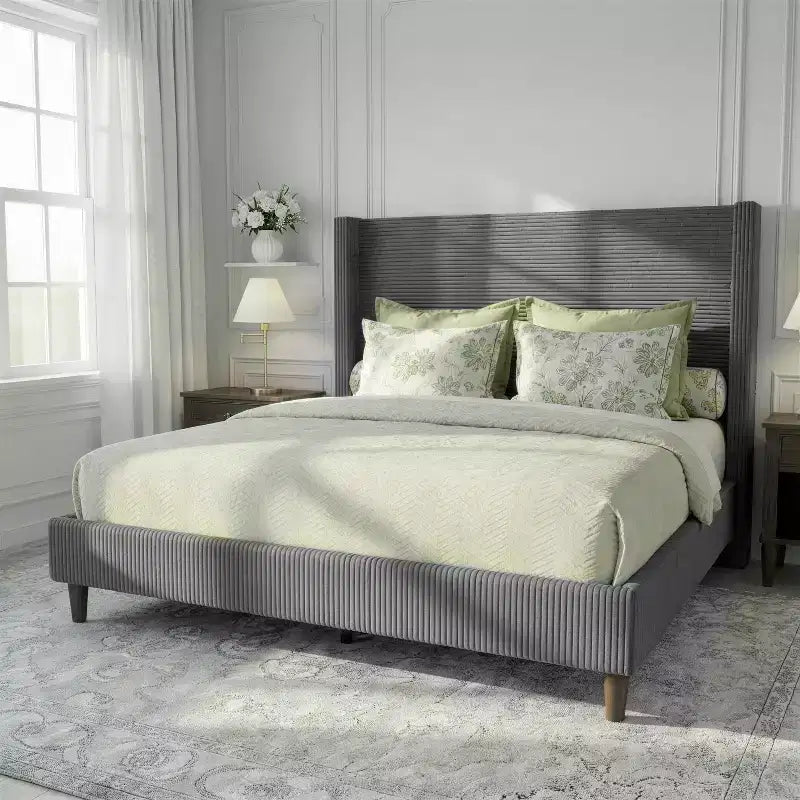 Dyonery Queen Bed Frame, Upholstered Platform Bed, Adjustable Vertical Channel Tufted Headboard, Corduroy Fabric