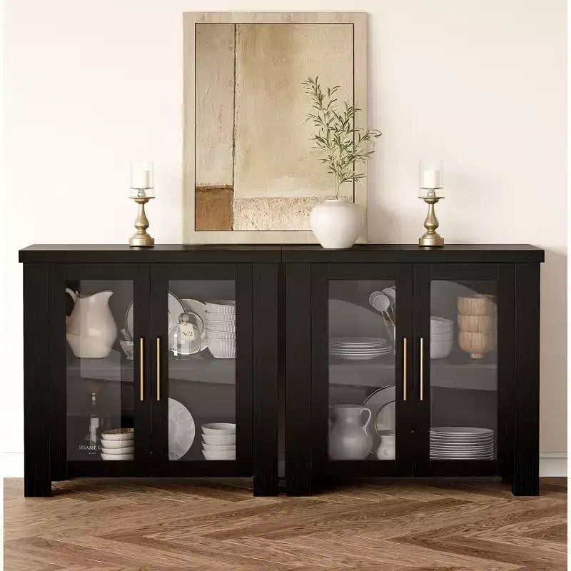 Buffet Cabinet with Storage, 59 Sideboard Credenza with Tempered Glass Doors, Wood Buffet Table for Living Room, Dining Room, Kitchen