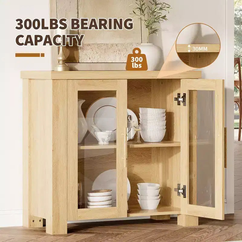 Buffet Cabinet with Storage, 59 Sideboard Credenza with Tempered Glass Doors, Wood Buffet Table for Living Room, Dining Room, Kitchen