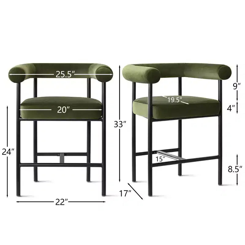 Lot de 2 tabourets de bar en velours hauteur comptoir, chaises de cuisine avec accoudoirs et dossier baquet rembourré de 24 pouces - Panipeachy