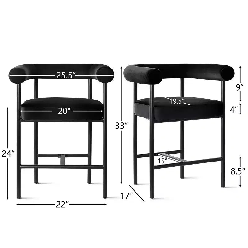 Lot de 2 tabourets de bar en velours hauteur comptoir, chaises de cuisine avec accoudoirs et dossier baquet rembourré de 24 pouces - Panipeachy