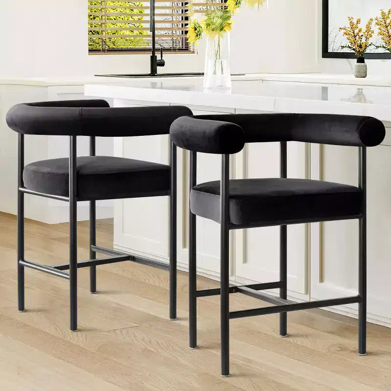 Set of 2 Velvet Counter Height Bar Stools, 24 Upholstered Barrel Back Kitchen Island Chairs with Arms - Panipeachy