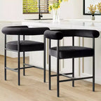 Set of 2 Velvet Counter Height Bar Stools, 24 Upholstered Barrel Back Kitchen Island Chairs with Arms - Panipeachy