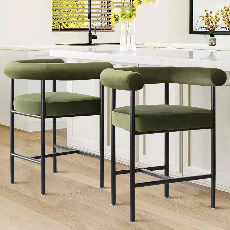 Lot de 2 tabourets de bar en velours hauteur comptoir, chaises de cuisine avec accoudoirs et dossier baquet rembourré de 24 pouces - Panipeachy