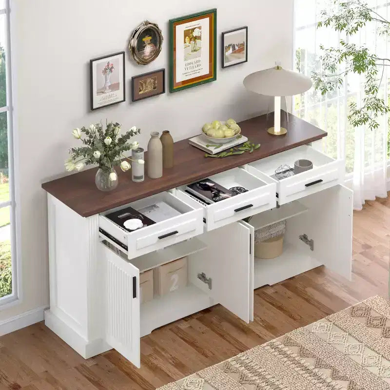 Buffet de rangement cannelé moderne Panipeachy de 160 cm, avec 4 portes et 3 tiroirs, pour salon, salle à manger ou entrée