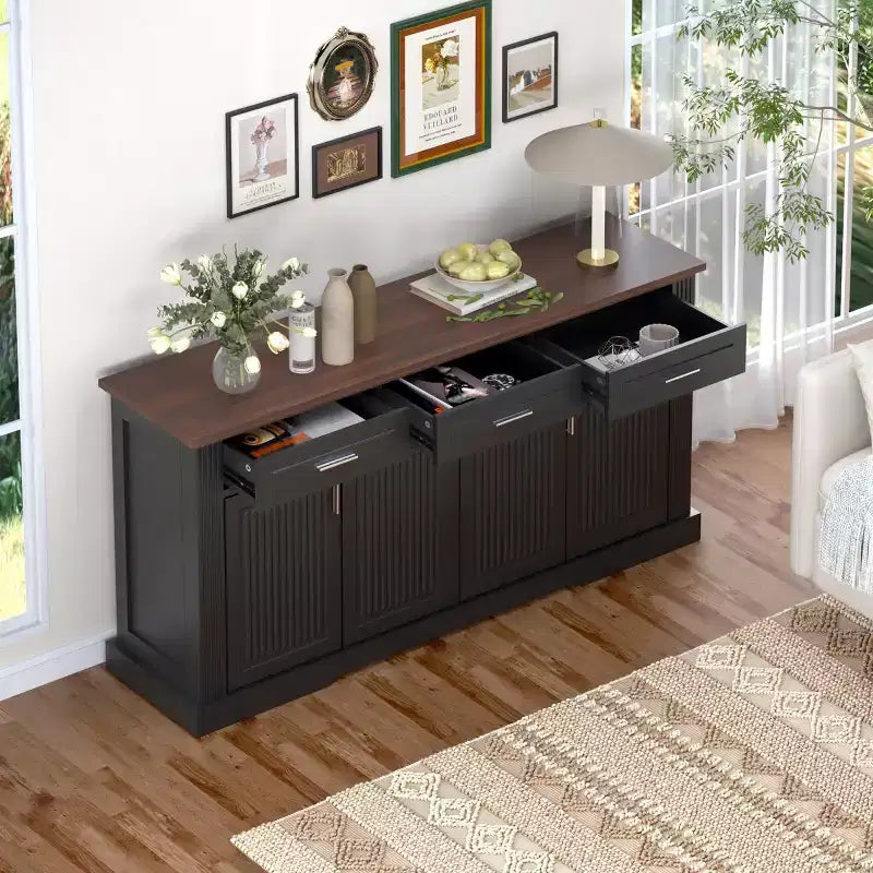 Buffet de rangement cannelé moderne Panipeachy de 160 cm, avec 4 portes et 3 tiroirs, pour salon, salle à manger ou entrée