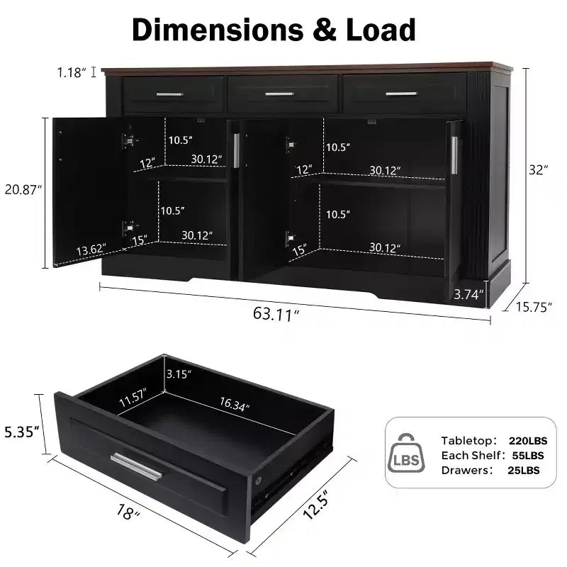 Buffet de rangement cannelé moderne Panipeachy de 160 cm, avec 4 portes et 3 tiroirs, pour salon, salle à manger ou entrée