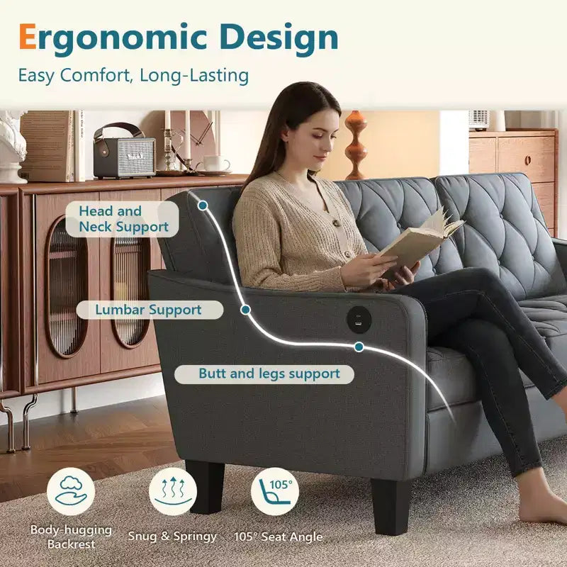 Canapé de salon moderne TYBOATLE avec port de chargement USB, canapé rembourré de style Mid-Century avec inclinaison ergonomique à 105° et ressorts ensachés de soutien