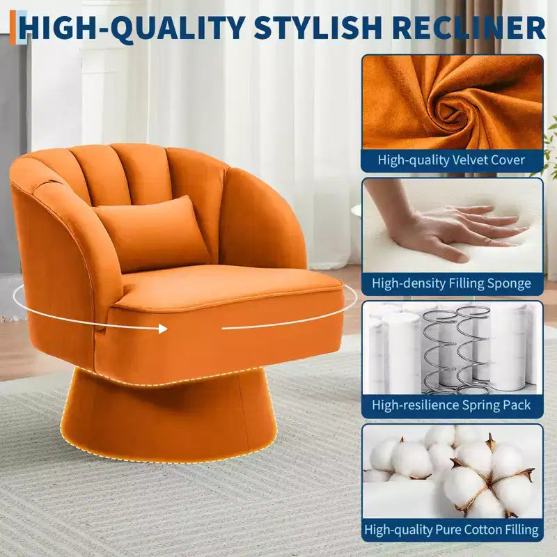 Modern 360 Swivel Barrel Accent Chair, Velvet Upholstered Lounge Chair with Plush Padding, Morandi Orange