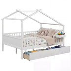 Lit double Costway avec 2 tiroirs de rangement, cadre de lit en forme de maison pour enfants et adolescents Blanc/Naturel