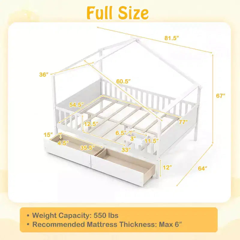 Lit double Costway avec 2 tiroirs de rangement, cadre de lit en forme de maison pour enfants et adolescents Blanc/Naturel
