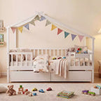 Lit double Costway avec 2 tiroirs de rangement, cadre de lit en forme de maison pour enfants et adolescents Blanc/Naturel