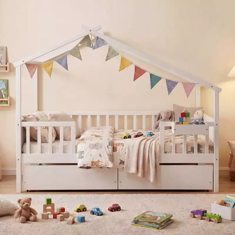 Lit double Costway avec 2 tiroirs de rangement, cadre de lit en forme de maison pour enfants et adolescents Blanc/Naturel