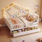 Lit double Costway avec 2 tiroirs de rangement, cadre de lit en forme de maison pour enfants et adolescents Blanc/Naturel
