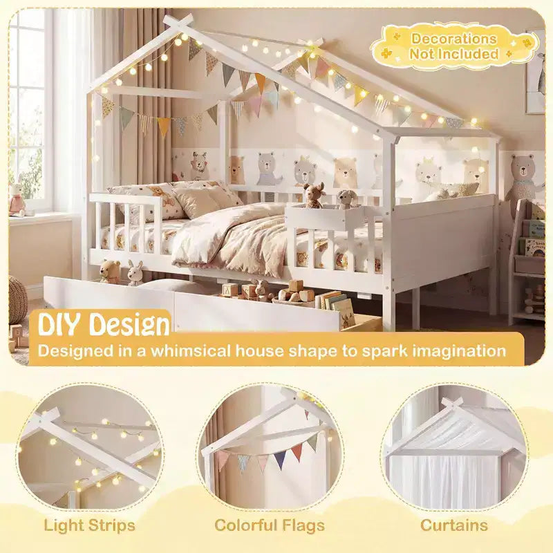 Lit double Costway avec 2 tiroirs de rangement, cadre de lit en forme de maison pour enfants et adolescents Blanc/Naturel