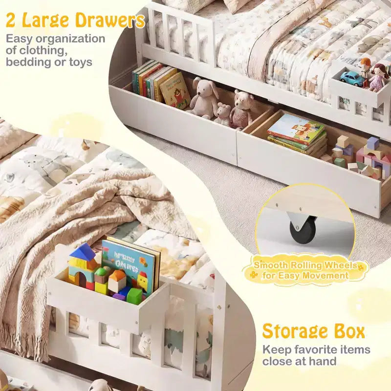 Lit double Costway avec 2 tiroirs de rangement, cadre de lit en forme de maison pour enfants et adolescents Blanc/Naturel